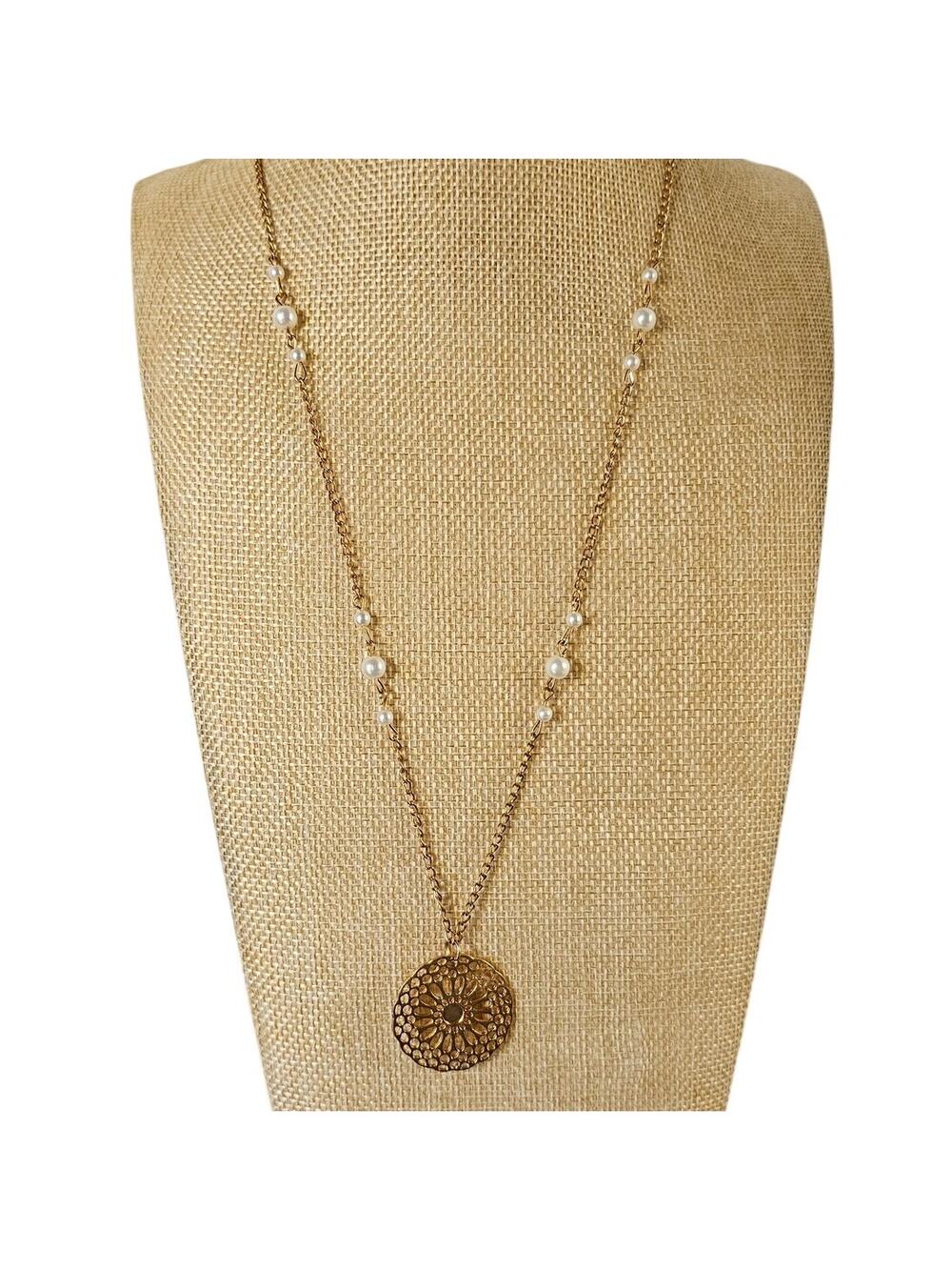 Gold Tone Filigree Medallion Pendant Necklace Faux Pearl Accents 24"